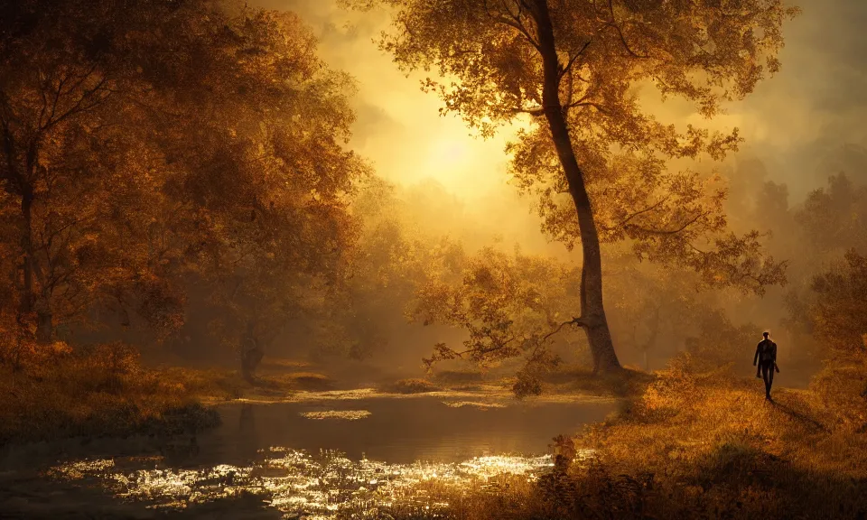 Image similar to A matte painting of an adventurer walking along the river bank in a forest during the golden hour in autumn, surrounded by dust and volumetric light shining through the tree tops