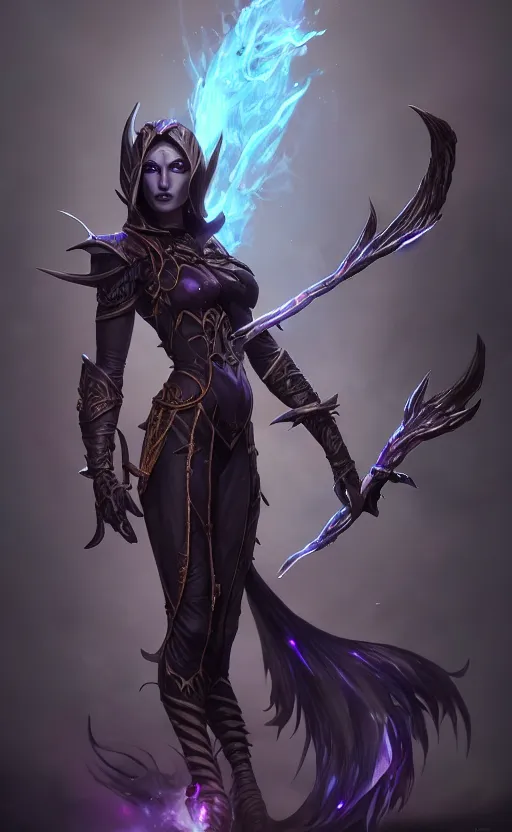 Image similar to full body shot of dark elf witch, highly detailed, d & d, fantasy, highly detailed, digital painting, trending on artstation, concept art, sharp focus, illustration, global illumination, ray tracing, realistic shaded, art by artgerm and greg rutkowski and fuji choko and viktoria gavrilenko and hoang lap,