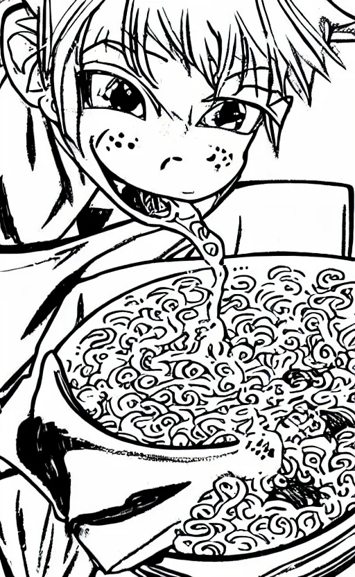 Prompt: A white elephant eats instant noodles, manga style.