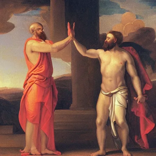 Prompt: painting of god giving the devil a high-five