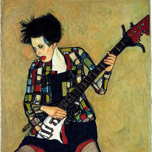 Image similar to Punk Punk Punk girl playing electric guitar, oil painting by Egon Schiele, masterpiece