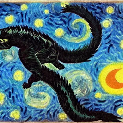 Image similar to highly detailed night fury, artwork by Van Gogh