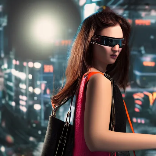 Image similar to a girl wearing a handbag from the future, cyberpunk background, highly detailed, epic lighting, 8 k