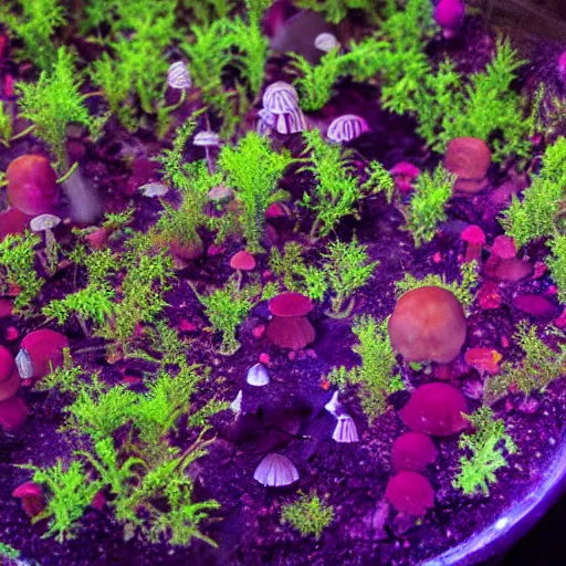 Prompt: alien planet, lush with fluorescent mushrooms encapsulated in a terrarium, high detail, photorealistic