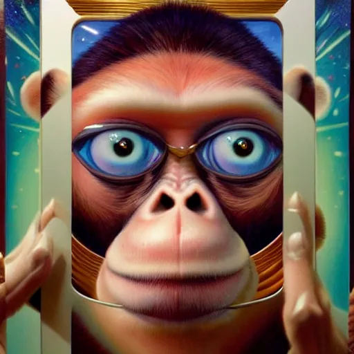 Image similar to lofi monkey in front of a mirror reflecting the expression of a human face, Pixar style by Tristan Eaton Stanley Artgerm and Tom Bagshaw, high detail