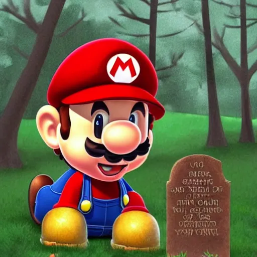 Prompt: An elderly Mario wearing his red cap kneels in a graveyard. In front of him, there is a tombstone with a drawing of Yoshi\'s head chiseled into it. The trees in the graveyard are bare. The art evokes a sensation of loss and nostalgia. Digital art