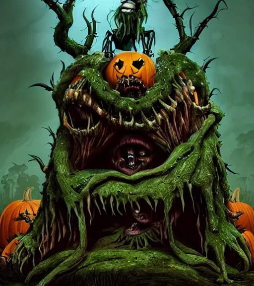 Image similar to a tim burton design of a horrifying king creature made of pumpkin, fat, limbs made from vines, sitting on a stone throne, detailed game art illustration, menacing carved facial expression, creepy lighting, dynamic pose, 4 k artstation, masterpiece