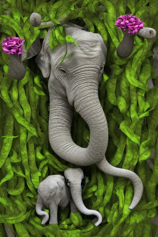 Image similar to ultra - realistic 3 d render of vines forming the shape of mother elephant and child elephant and infected with flowers, beautiful, elegant