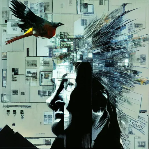 Image similar to a thrush wandering within the virtual realms of urban informatics and computational social science, oil on canvas by dave mckean and yoji shinkawa