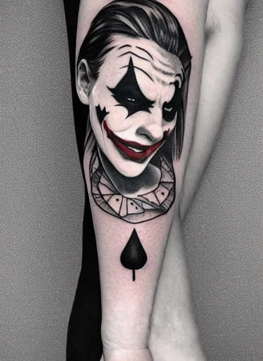 Image similar to a tattoo design of a joker girl holding an ace, hyper realistic, black and white