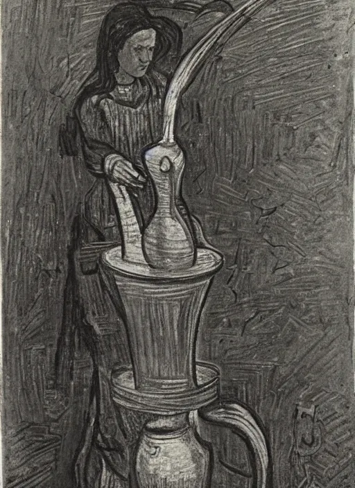 Prompt: abstract stylized charcoal drawing of a woman working on a tall vase at a pottery wheel, da vinci, van gogh, miro, vermeer