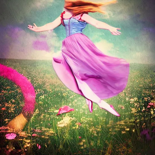Image similar to A Alice in the wonderland like scene where a girl is floating in mid-air and flowers and other things are floating around her, in a dreamy soft focus, fantasy, award winning, by Ekaterina Savic