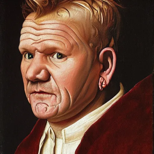 Image similar to portrait of gordon ramsay, oil painting by jan van eyck, northern renaissance art, oil on canvas, wet - on - wet technique, realistic, expressive emotions, intricate textures, illusionistic detail