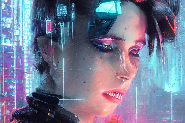 Prompt: detailed film still of portrait neon operator lady emma roberts in the movie blade runner, messy ponytail, cyberpunk futuristic, neon, reflective puffy coat, decorated with traditional japanese by ismail inceoglu dragan bibin hans thoma greg rutkowski alexandros pyromallis nekro, illustrated, perfect face, fine details, realistic shaded, fine - face, pretty face
