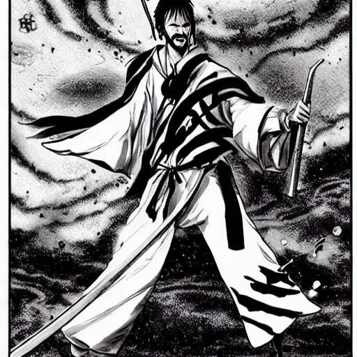 Image similar to pen and ink!!!! attractive 22 year old monochrome!!!! Ringo Starr highly detailed manga Vagabond!!!! telepathic floating magic swordsman!!!! glides through a beautiful!!!!!!! battlefield magic the gathering dramatic esoteric!!!!!! pen and ink!!!!! illustrated in high detail!!!!!!!! graphic novel!!!!!!!!! by Gustav Klimt and Hiroya Oku!!!!!!!!! MTG!!! award winning!!!! full closeup portrait!!!!! action manga panel