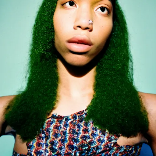 Prompt: realistic photoshoot for a new dior lookbook, color film photography, portrait of a beautiful green haired woman, in style of tyler mitchell, 35mm