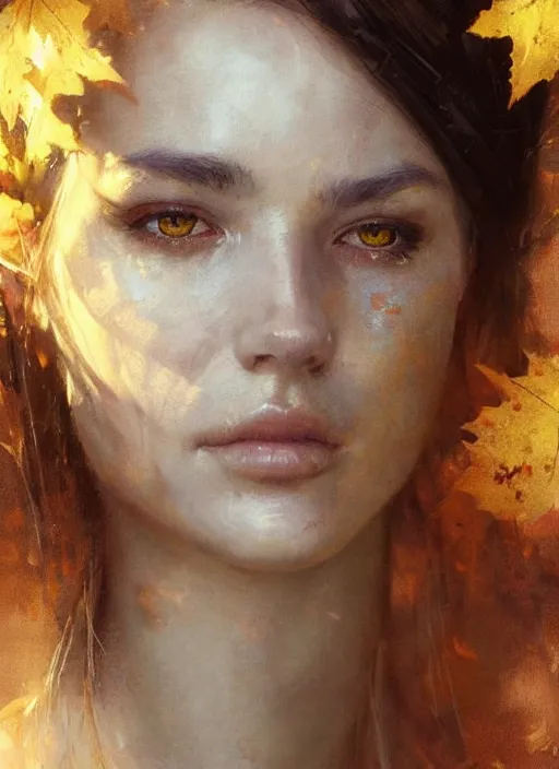 Image similar to golden leaves, beautiful portrait painting by jeremy mann, a female witch absurdly beautiful, elegant, ultrafine hyperrealistic detailed face illustration by wlop and artgerm and greg rutkowski, intricate linework, sharp focus, smooth, octopath traveler, final fantasy, unreal engine, dramatic lighting, ethereal, 8 k