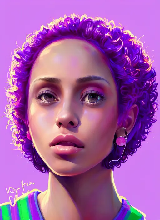 Image similar to portrait of teenage vanessa morgan with bright pink hair, vanessa morgan, curly pixie cut hair, wearing a purple breton cap, breton cap, hoop earrings, intricate, elegant, glowing lights, highly detailed, digital painting, artstation, concept art, smooth, sharp focus, illustration, art by wlop, mars ravelo and greg rutkowski