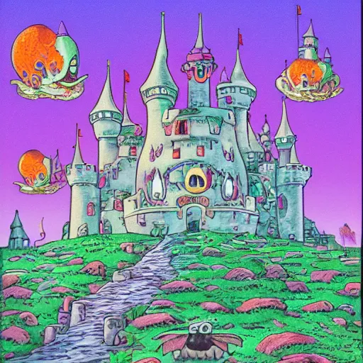 Image similar to anthropomorphic fantasy castle, a castle laughing, organic, bubbly towers and gates, eyes and tongue, surreal, cute artwork by studio ghibli, jim woodring