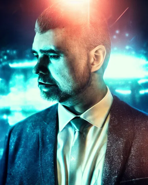 Prompt: dramatic cyberpunk portrait of a man in a suit, crystalline, multicolor glow, atmospheric haze, intense shading, optic ripple, backlit, bokeh, centered
