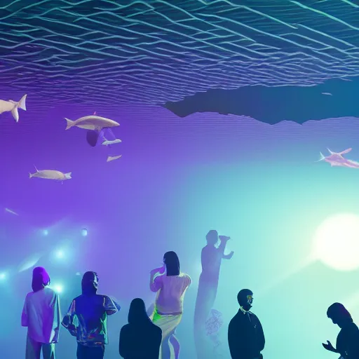 Prompt: vaporwave, people communicating with each other in groups of ten, a large hall, dim painterly lighting volumetric aquatics, party