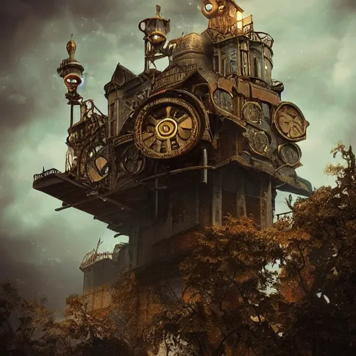 Image similar to a flying steampunk fortress, intricate, behrens style, octane render, fantasy digital art, beautiful composition, trending on artstation, night, meteors, lightning!!! storm, dramatic lighting,