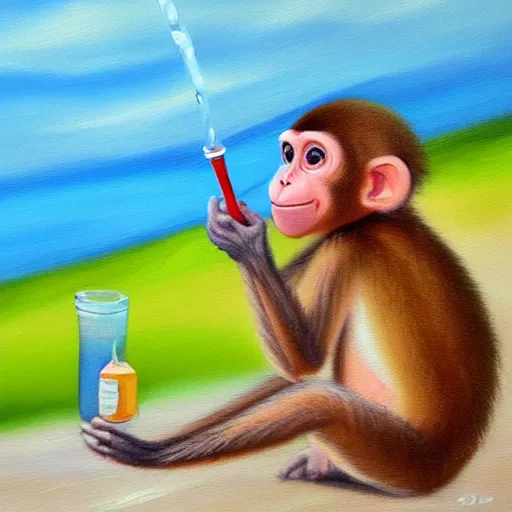 Image similar to baby monkey drinking water at the beach, oil painting, cute, 4k, trending on art station,