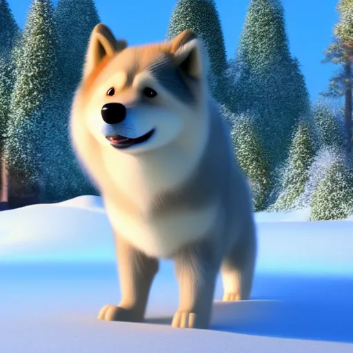 Image similar to happy finnish lapphund dog, snow, trees, stream, pixar, disney, 4 k, 3 d render, funny, animation, movie, oscar winning