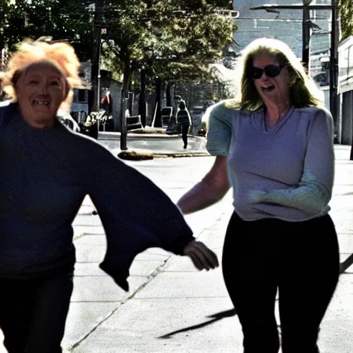 Image similar to candid photo of Aphex Twin chasing an old lady down the street, sunny day,