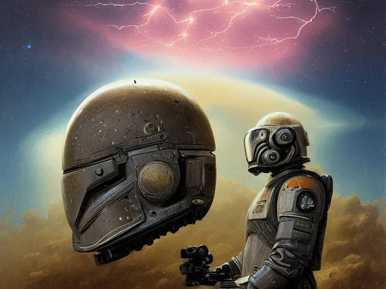 Image similar to a detailed profile oil painting of a lone shock trooper in a spacesuit with reflective helmet, technology flight suit, bounty hunter portrait symmetrical and science fiction theme with lightning, aurora lighting clouds and stars by beksinski carl spitzweg and tuomas korpi. baroque elements, full-length view. baroque element. intricate artwork by caravaggio. Trending on artstation. 8k