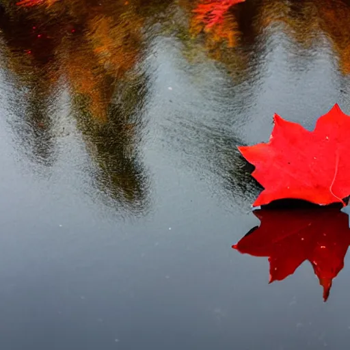 Prompt: close - up of a red maple leaf floating on top of a pond, with reflection