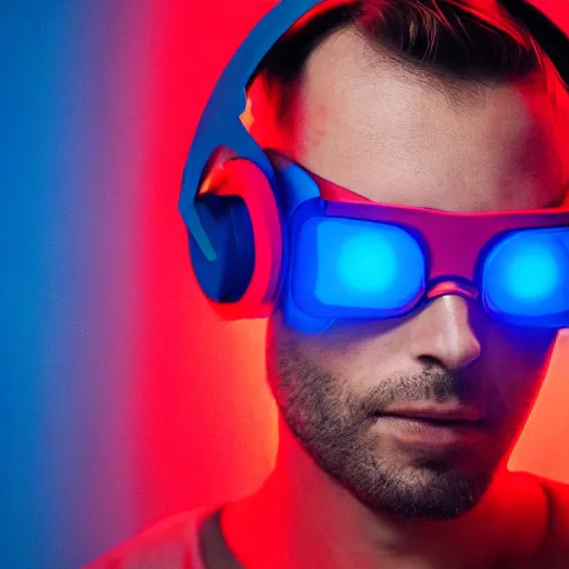 Image similar to a man, in red and blue spotlights, holds on to the headphones on his head, he wears dark visors, cyber songman, cyberpunk style portrait