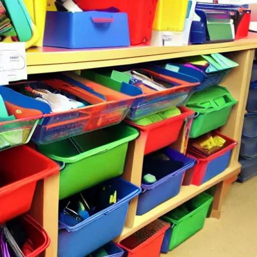 Prompt: classroom full of organization bins