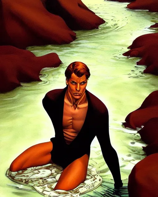 Image similar to a painting of a beautiful man in the river, an ultrafine detailed painting by howard chaykin, by mark brooks, centered full body, featured on deviantart, fantasy art, detailed painting, deviantart, anime