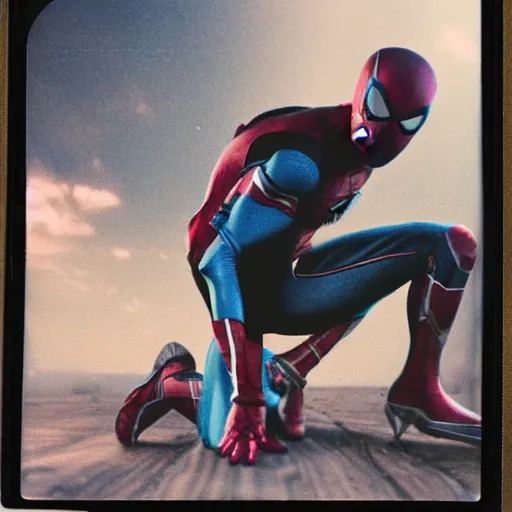 Image similar to a single iron man and spider - man hybrid, dslr, polaroid