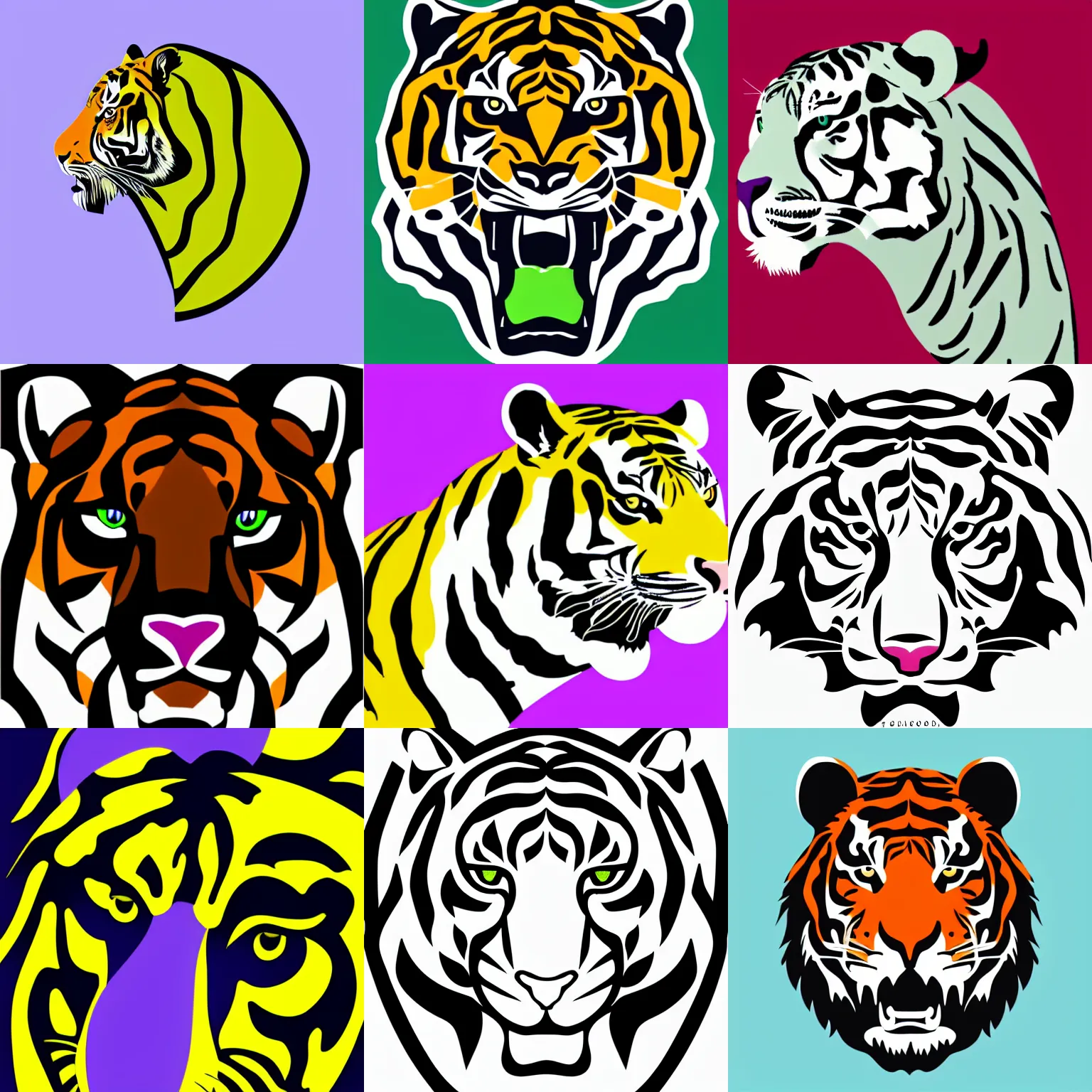 Prompt: the head of a roaring tiger, side view, vector graphics logo, lime and violet