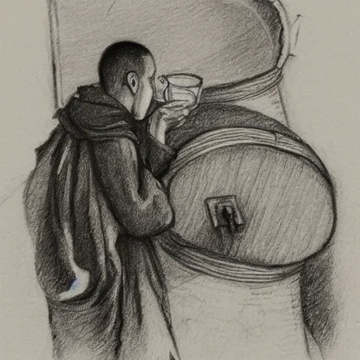 Image similar to pencil sketch of a monk drinking mead from a barrel