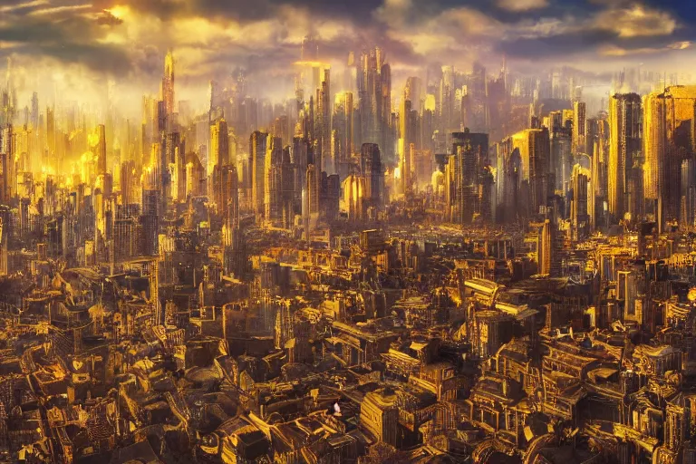 Image similar to the great city of ebora once glittered with gold. photo - realistic hd, hyperrealism, colourful, highly detailed, cinematic, luminescence, 3 2 k, dop, high contrast, intricate, mystery, epic, fantasy