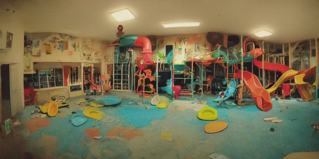 Image similar to a weird place, house, playground, office, pool, interior, room with eerie feeling, disposable colored camera, camera flash, unusual place, unsettling, kids place