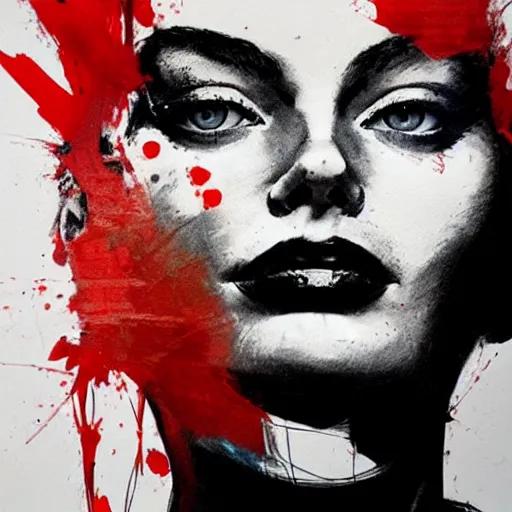 Image similar to portrait of margot robbie with two faces covered with red dripping paint, artwork by guy denning and charlie bowater,