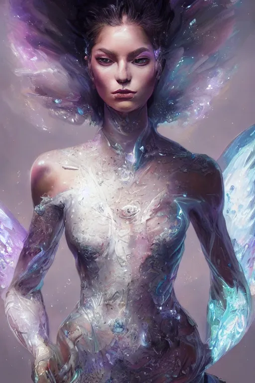 Prompt: torso closeup model wearing exploding crystal white dress, sorcerer, diamonds, angel, fantasy, dramatic lighting, highly detailed, digital painting, holding electricity, magic the gathering, hyper detailed, 3 d render, hyper realistic detailed portrait, peter mohrbacher, wlop, ruan jia