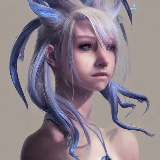 Prompt: portrait of young girl hybrid dragon, blue hair, long hair, highly detailed 3D render, 8k, rpg concept art character, jrpg character, manga, anime, video game character, concept art, by Yoshitaka Amano