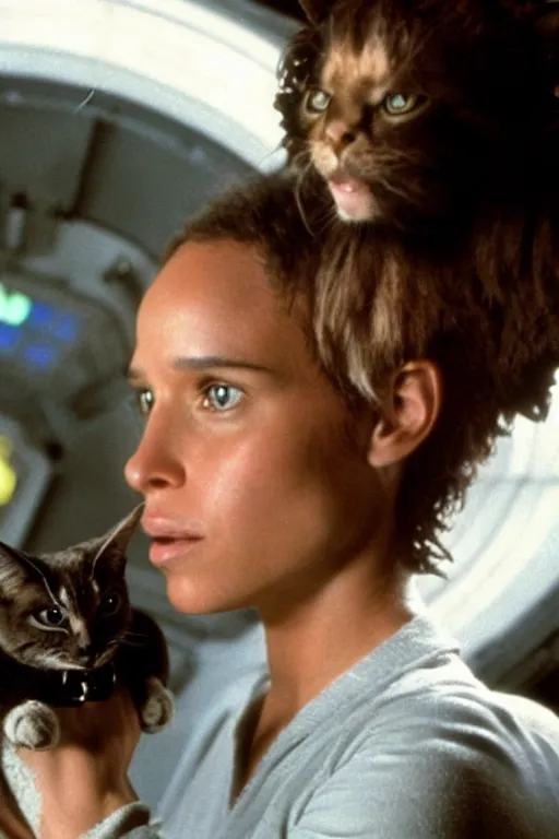 Image similar to Zoe Kravitz as Ellen Ripley with a cat in a spaceship in Alien (1979)