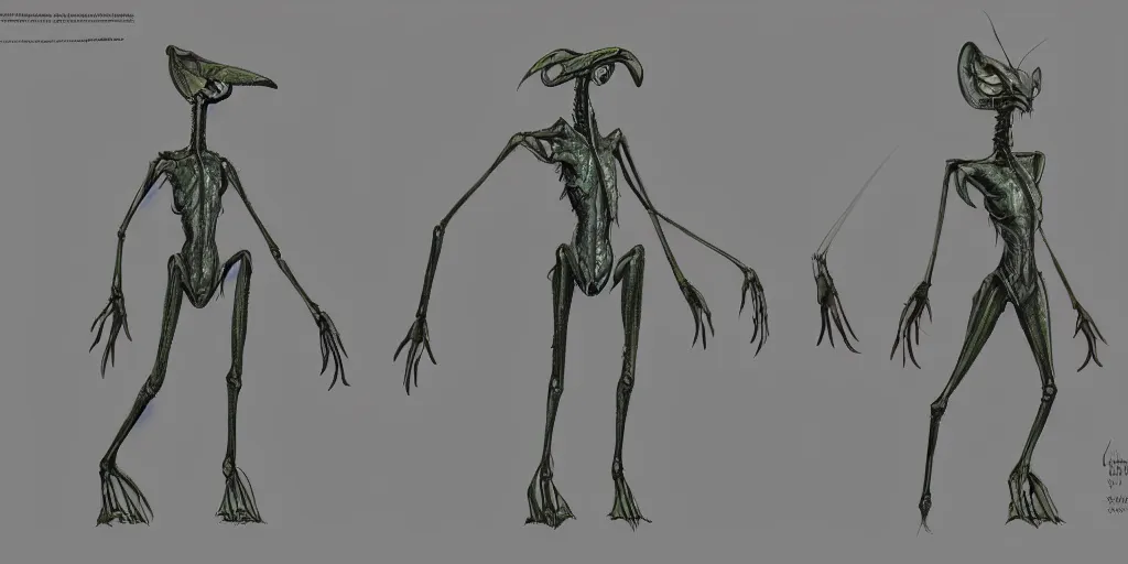 Prompt: a humanoid mantis alien creature, character design sheet, detailed concept art by fortiche, masterpiece