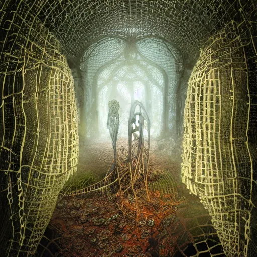 Image similar to biocomputer organs inside a bioneural antique lace in a biomechanical forest with biocomputer flowers, epic environment, matte painting, diffused lighting, highly detailed cinematic, epic atmosphere, diffused lighting, highly detailed digital art, trending on artstation, depth of field, wide angle