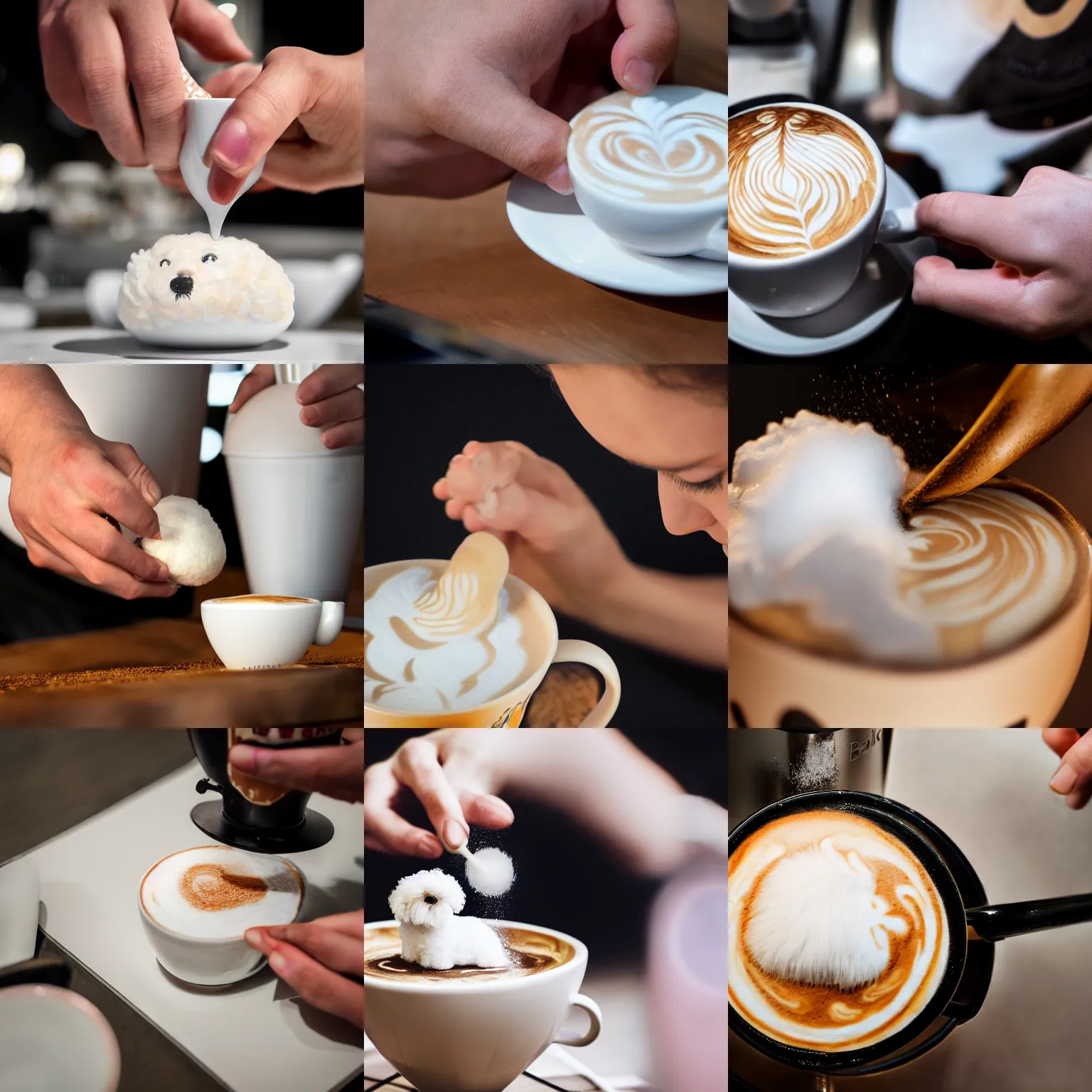 Prompt: a closeup photorealistic photograph of barista creating bichon frise shaped latte art. professional capture, well lit shot. this 4 k hd image is trending on artstation, featured on behance, well - rendered, extra crisp, features intricate detail, epic composition and the style of unreal engine.