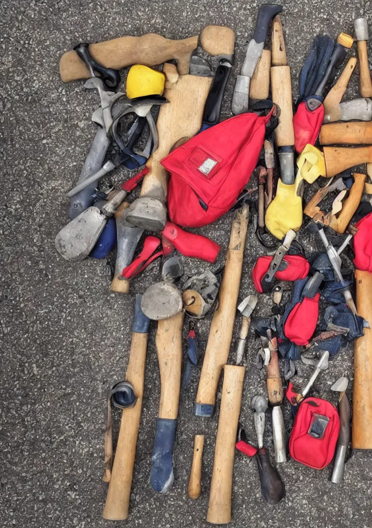 Prompt: a beautiful photograph of a workman's bag of useless hammers