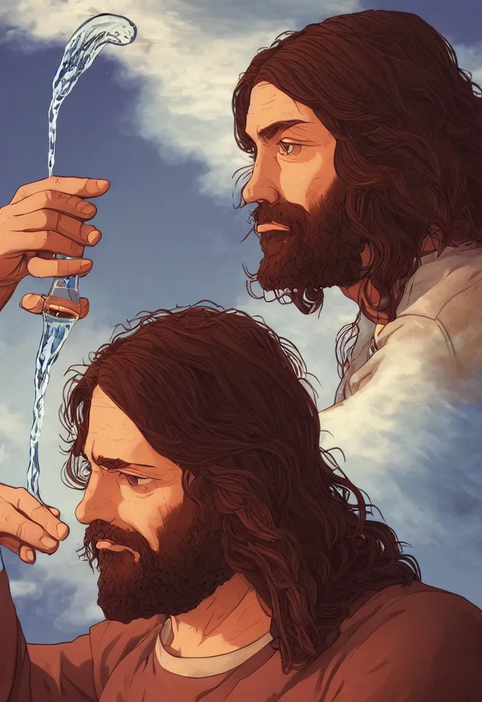 Image similar to a portrait of jesus turning water in wine by dan mumford, yusuke murata and makoto shinkai, 8k, cel shaded, unreal engine, featured on artstation, pixiv