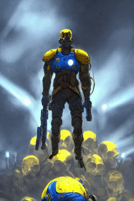 Image similar to a distant shot of a super soldier with blue and yellow flag and standing alone on a huge pile of human skulls as a winner, masculine figure, D&D, fantasy, bright hopeful atmosphere, volumetric lights, beam of bright light through the clouds, intricate, elegant, highly detailed, extremely detailed, digital painting, artstation, concept art, matte, smooth, sharp focus, hyper realistic, illustration, art by Artgerm and Greg Rutkowski and Alphonse Mucha