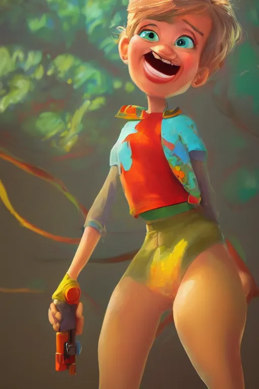 Image similar to Helen Ganzarolli as a cute pixar character, vivid colors, high details, cinematic, 8k resolution, beautiful detailed, photorealistic, digital painting, artstation, concept art, smooth, sharp focus, illustration, fantasy background, artstation trending, octane render, unreal engine